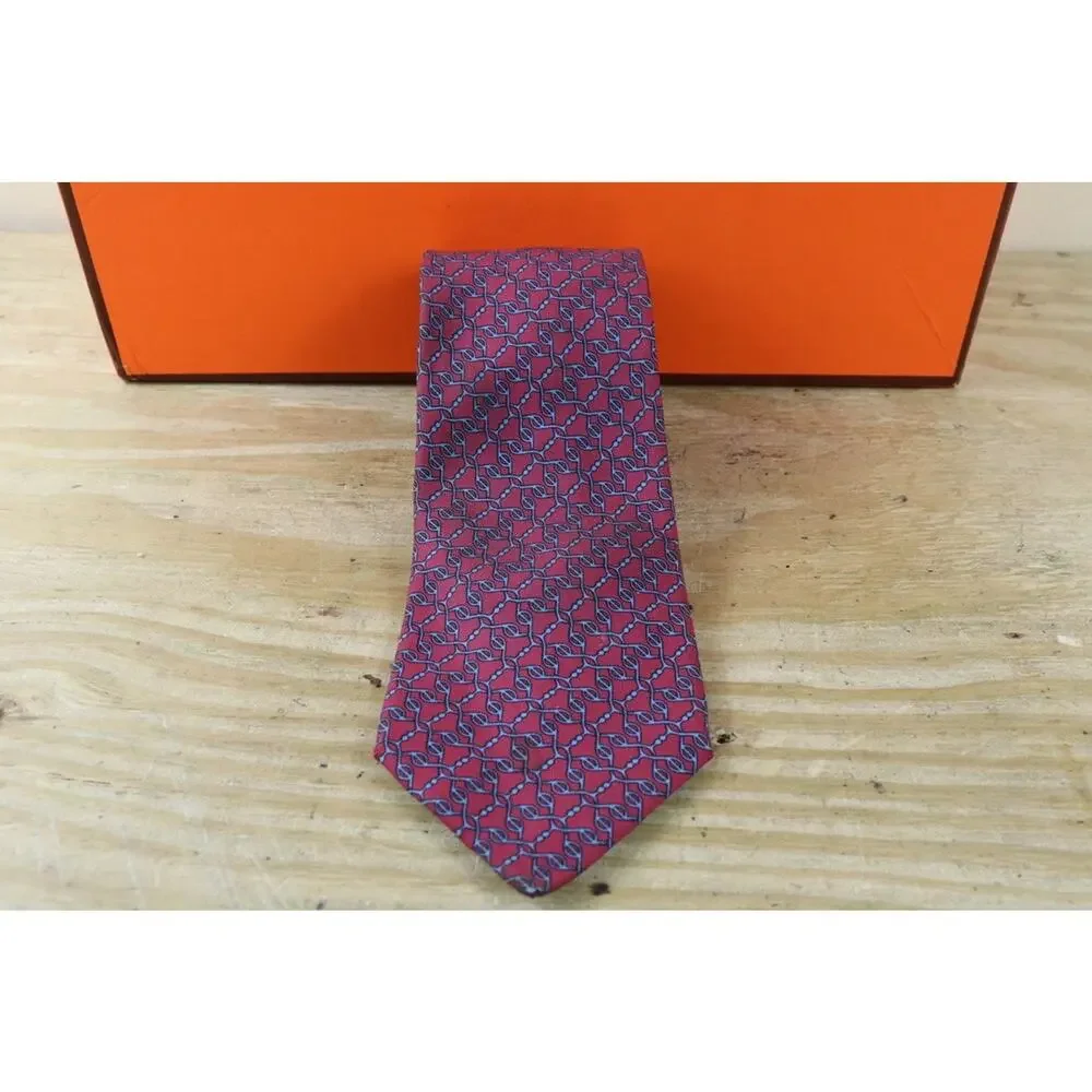 Hermes Tie Mens Silk Red Blue Chain Link Geometric Print France No Box